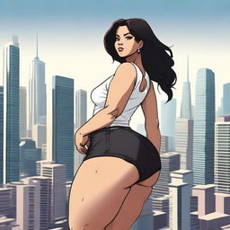 A giantess woman towering over a bustling cityscape, with skyscrapers and busy streets below