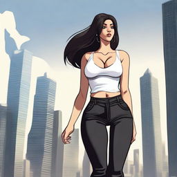 A giantess woman towering over a bustling cityscape, with skyscrapers and busy streets below