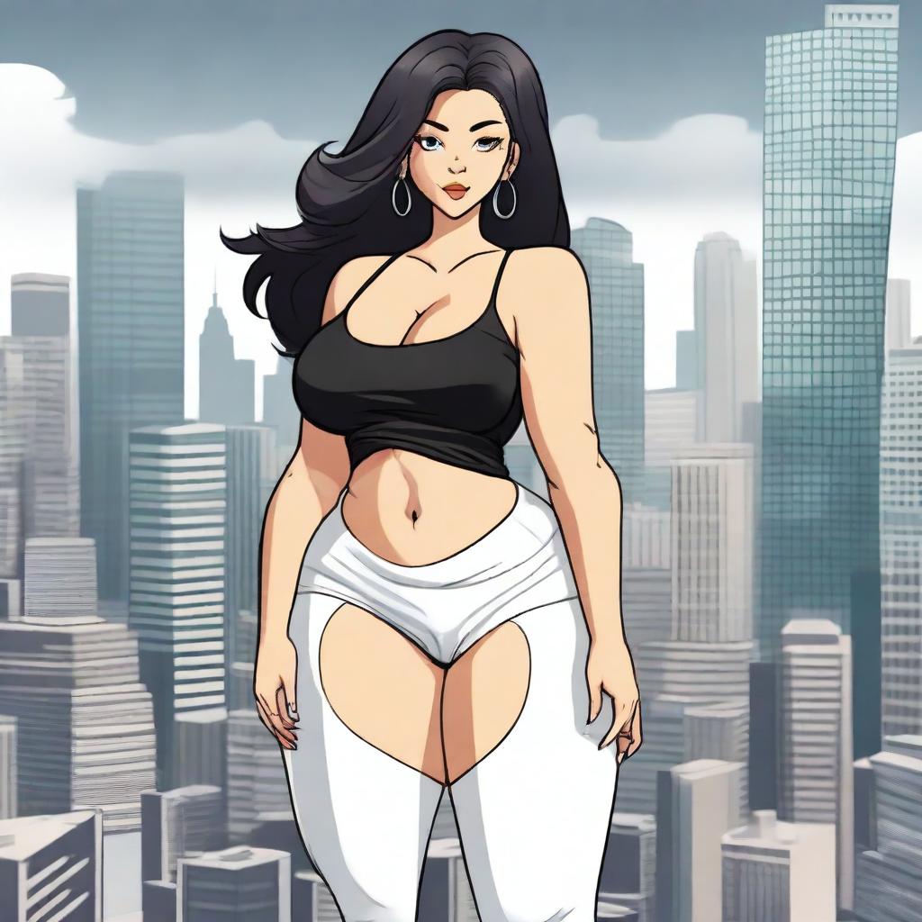 A giantess woman towering over a bustling cityscape, with skyscrapers and busy streets below