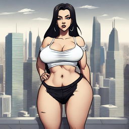 A giantess woman towering over a bustling cityscape, with skyscrapers and busy streets below