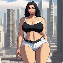 A giantess woman towering over a bustling cityscape, with skyscrapers and busy streets below