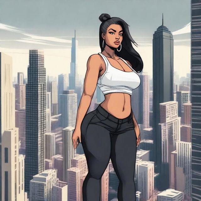 A giantess woman towering over a bustling cityscape, with skyscrapers and busy streets below