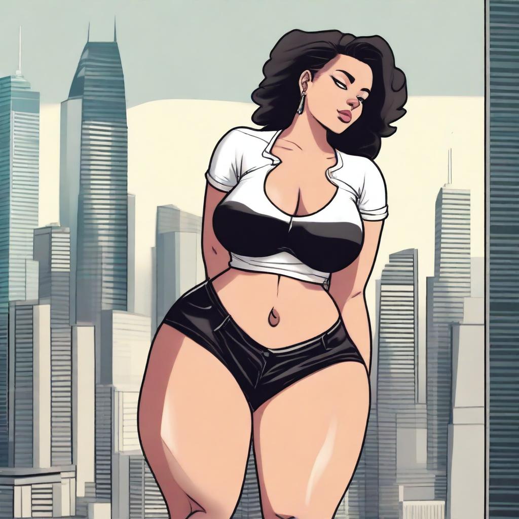 A giantess woman towering over a bustling cityscape, with skyscrapers and busy streets below