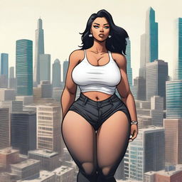 A giantess woman towering over a bustling cityscape, with skyscrapers and busy streets below