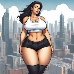 A giantess woman towering over a bustling cityscape, with skyscrapers and busy streets below