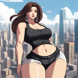 A giantess woman towering over a bustling cityscape, with skyscrapers and busy streets below