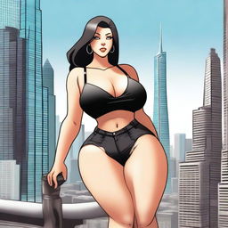 A giantess woman towering over a bustling cityscape, with skyscrapers and busy streets below