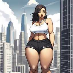 A giantess woman towering over a bustling cityscape, with skyscrapers and busy streets below