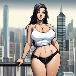 A giantess woman towering over a bustling cityscape, with skyscrapers and busy streets below