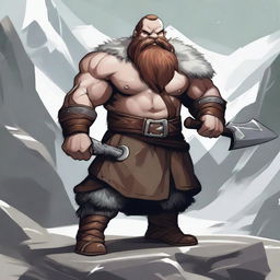 A detailed illustration of a barbarian dwarf wielding a massive axe