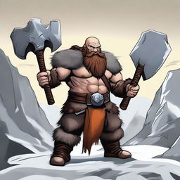 A detailed illustration of a barbarian dwarf wielding a massive axe