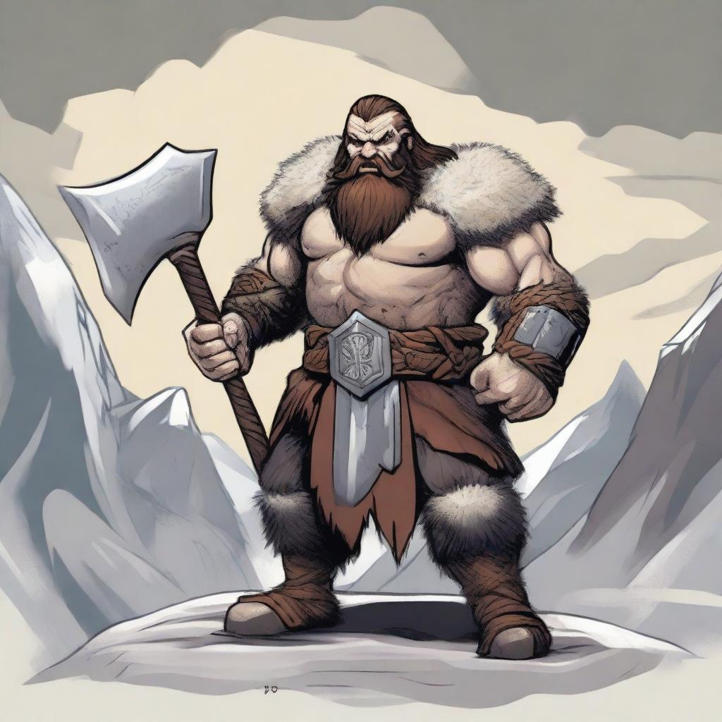 A detailed illustration of a barbarian dwarf wielding a massive axe