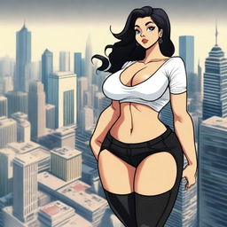 A giantess woman towering over a bustling cityscape, with skyscrapers and busy streets below