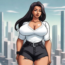 A giantess woman towering over a bustling cityscape, with skyscrapers and busy streets below