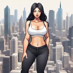 A giantess woman towering over a bustling cityscape, with skyscrapers and busy streets below