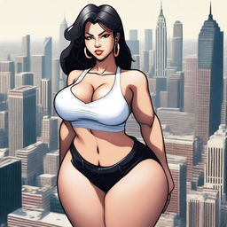 A giantess woman towering over a bustling cityscape, with skyscrapers and busy streets below