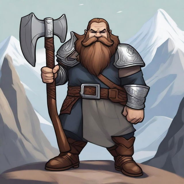 A detailed illustration of a dwarf holding a large axe