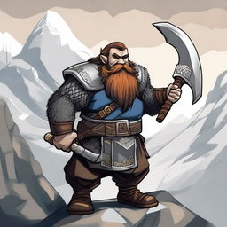 A detailed illustration of a dwarf holding a large axe