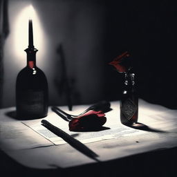 A dark room with a table where a rose and a dagger are lying