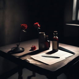 A dark room with a table where a rose and a dagger are lying