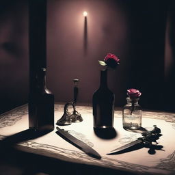 A dark room with a table where a rose and a dagger are lying