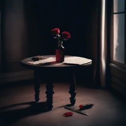 A dark room with a table where a rose and a dagger are lying