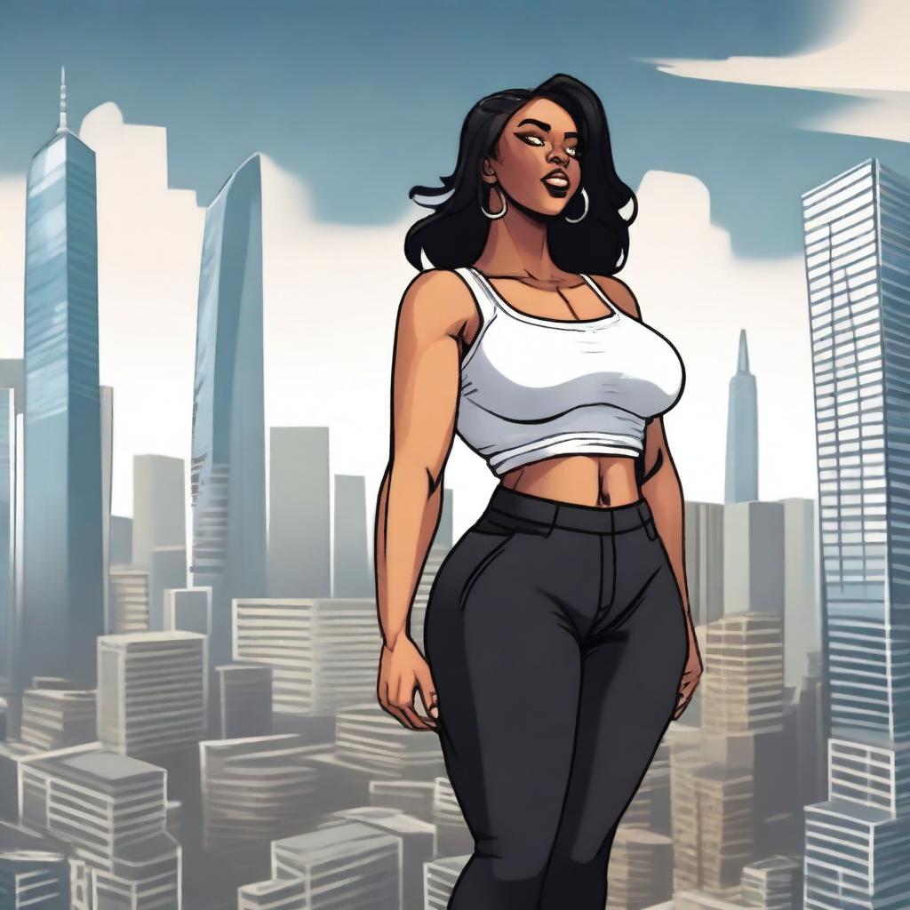 A giantess woman towering over a bustling cityscape, with skyscrapers and busy streets below