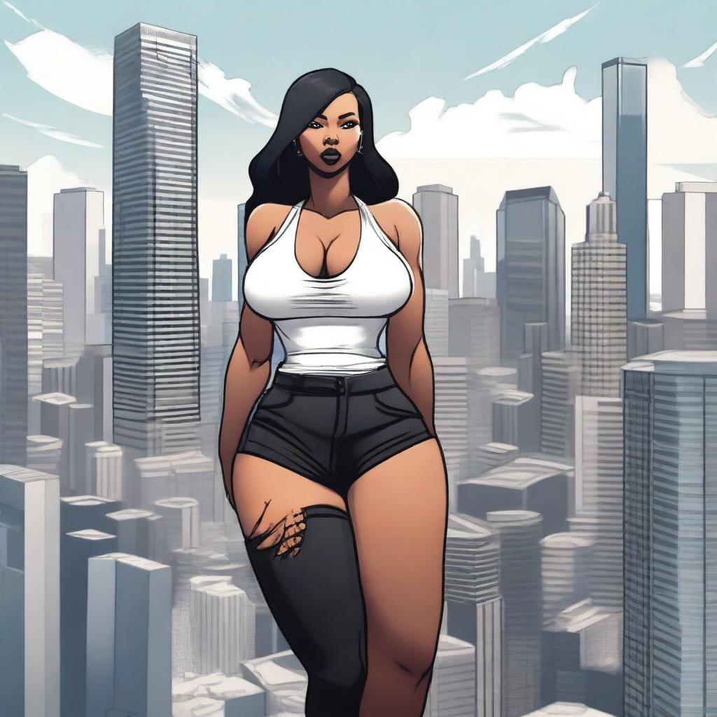 A giantess woman towering over a bustling cityscape, with skyscrapers and busy streets below