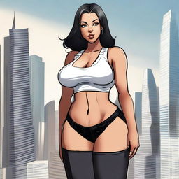 A giantess woman towering over a bustling cityscape, with skyscrapers and busy streets below