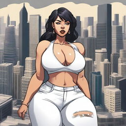 A giantess woman towering over a bustling cityscape, with skyscrapers and busy streets below