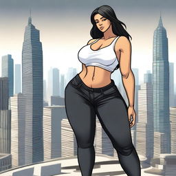 A giantess woman towering over a bustling cityscape, with skyscrapers and busy streets below