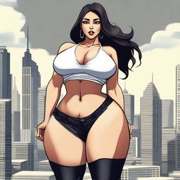 A giantess woman towering over a bustling cityscape, with skyscrapers and busy streets below