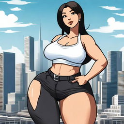 A giantess woman towering over a bustling cityscape, with skyscrapers and busy streets below