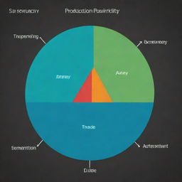 A vibrant diagram featuring the Production Possibility Frontier curve. This graphic should have two labeled axes representing different goods or services, with the curve itself symbolizing aspects like scarcity, trade-offs, and efficiency.