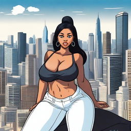 A giantess woman towering over a bustling cityscape, with skyscrapers and busy streets below