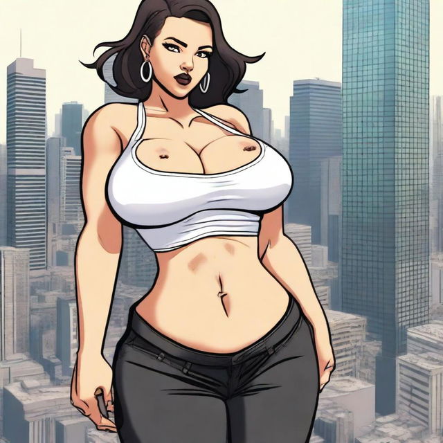 A giantess woman towering over a bustling cityscape, with skyscrapers and busy streets below