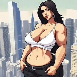 A giantess woman towering over a bustling cityscape, with skyscrapers and busy streets below