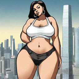 A giantess woman towering over a bustling cityscape, with skyscrapers and busy streets below