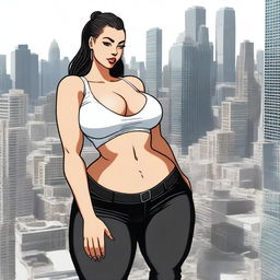 A giantess woman towering over a bustling cityscape, with skyscrapers and busy streets below