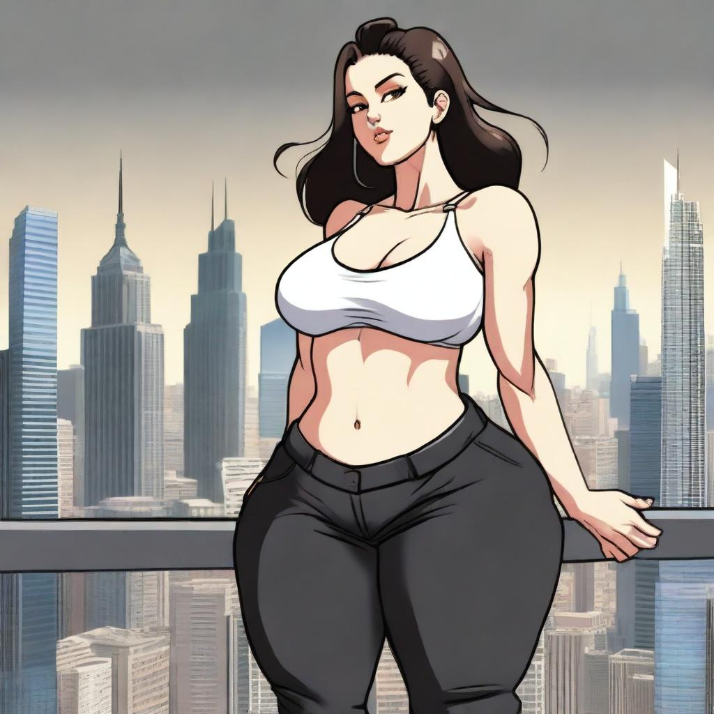 A giantess woman towering over a bustling cityscape, with skyscrapers and busy streets below