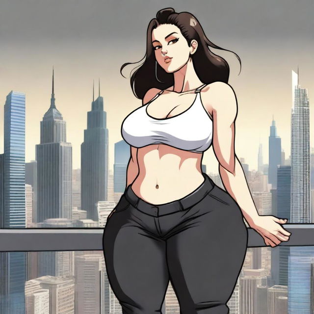 A giantess woman towering over a bustling cityscape, with skyscrapers and busy streets below