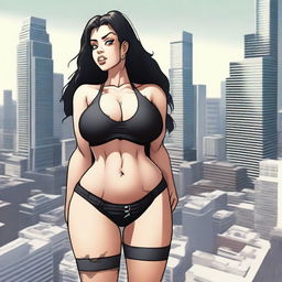 A giantess woman towering over a bustling cityscape, with skyscrapers and busy streets below