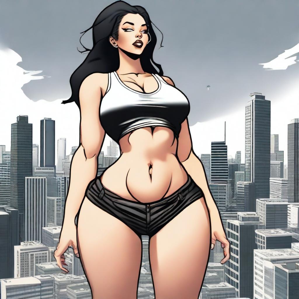 A giantess woman towering over a bustling cityscape, with skyscrapers and busy streets below