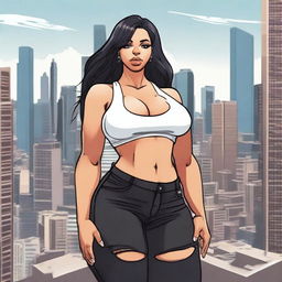 A giantess woman towering over a bustling cityscape, with skyscrapers and busy streets below