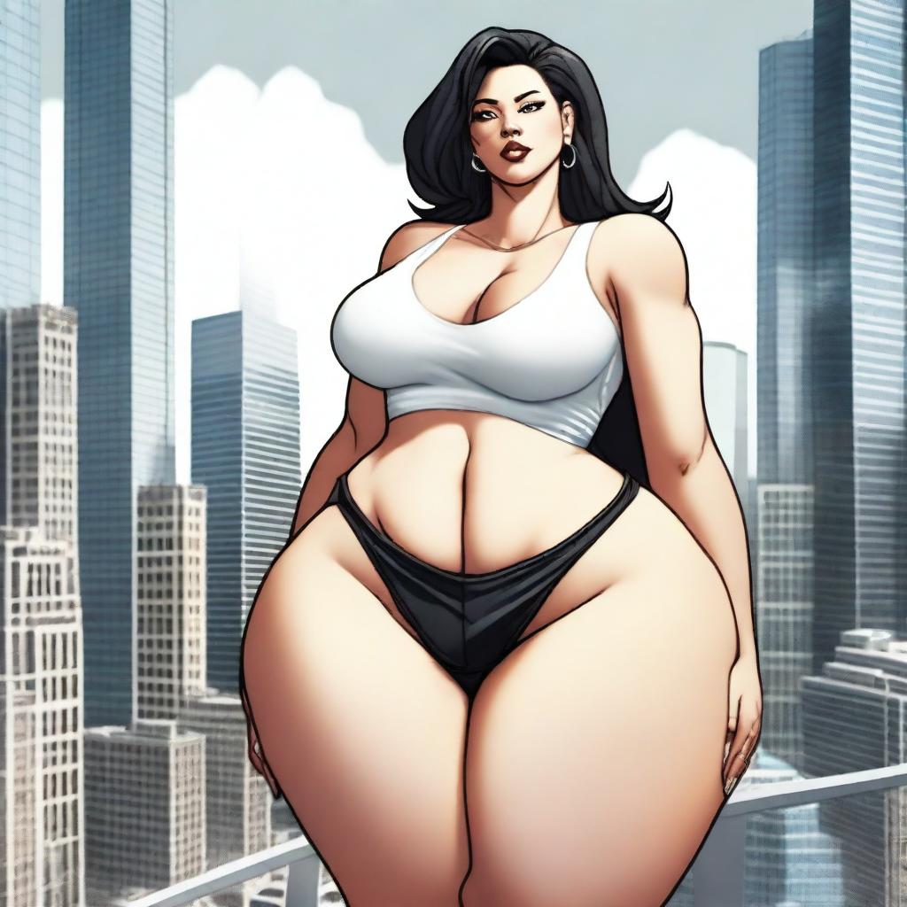 A giantess woman towering over a bustling cityscape, with skyscrapers and busy streets below