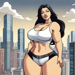 A giantess woman towering over a bustling cityscape, with skyscrapers and busy streets below