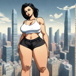 A giantess woman towering over a bustling cityscape, with skyscrapers and busy streets below