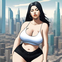 A giantess woman towering over a bustling cityscape, with skyscrapers and busy streets below