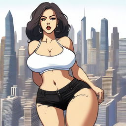 A giantess woman towering over a bustling cityscape, with skyscrapers and busy streets below