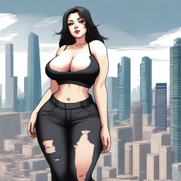 A giantess woman towering over a bustling cityscape, with skyscrapers and busy streets below